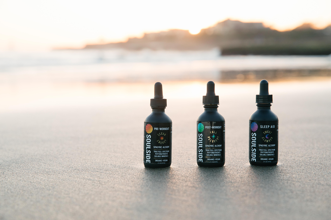 Image of soulside clean energy, full recovery and sweet slumber in the sand at sunset on the beach. These tinctures are a daily solution for energy, focus, stamina, athletic performance, recovery, muscle build, immunity, brain health and sleep.