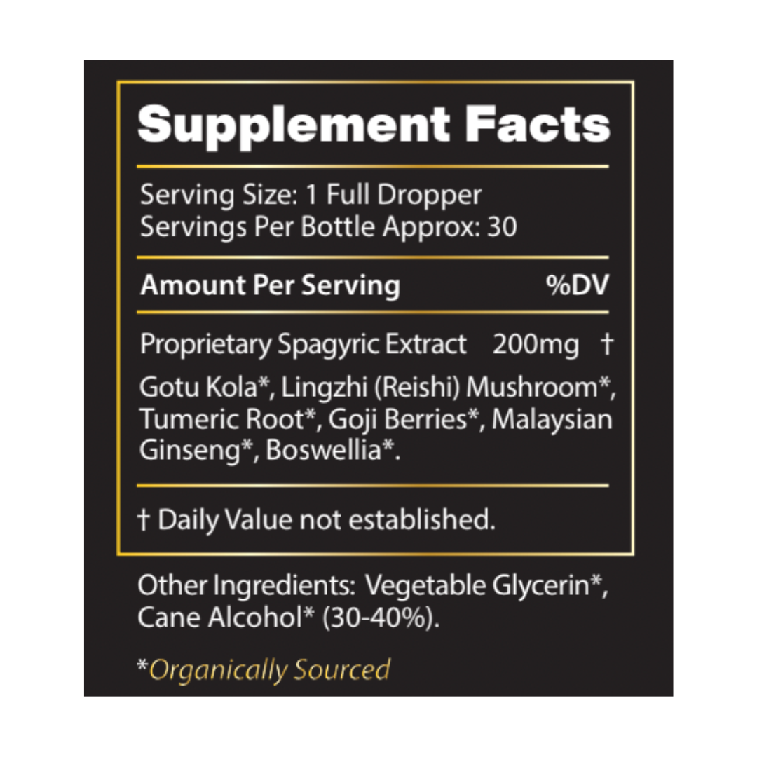 Image of supplement facts for Soulside Full Recovery herbal tincture, an organic and natural herbal supplement for recovery, muscle soreness, natural muscle recovery, muscle build, brain health and immunity.