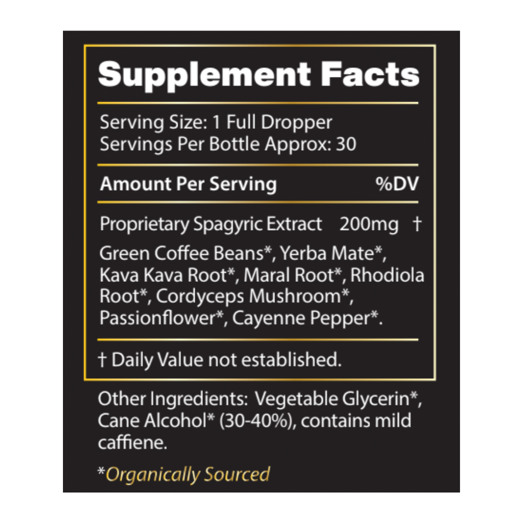 Image of supplement facts for Soulside clean energy, an herbal tincture for energy, focus, athletic performance, endurance.